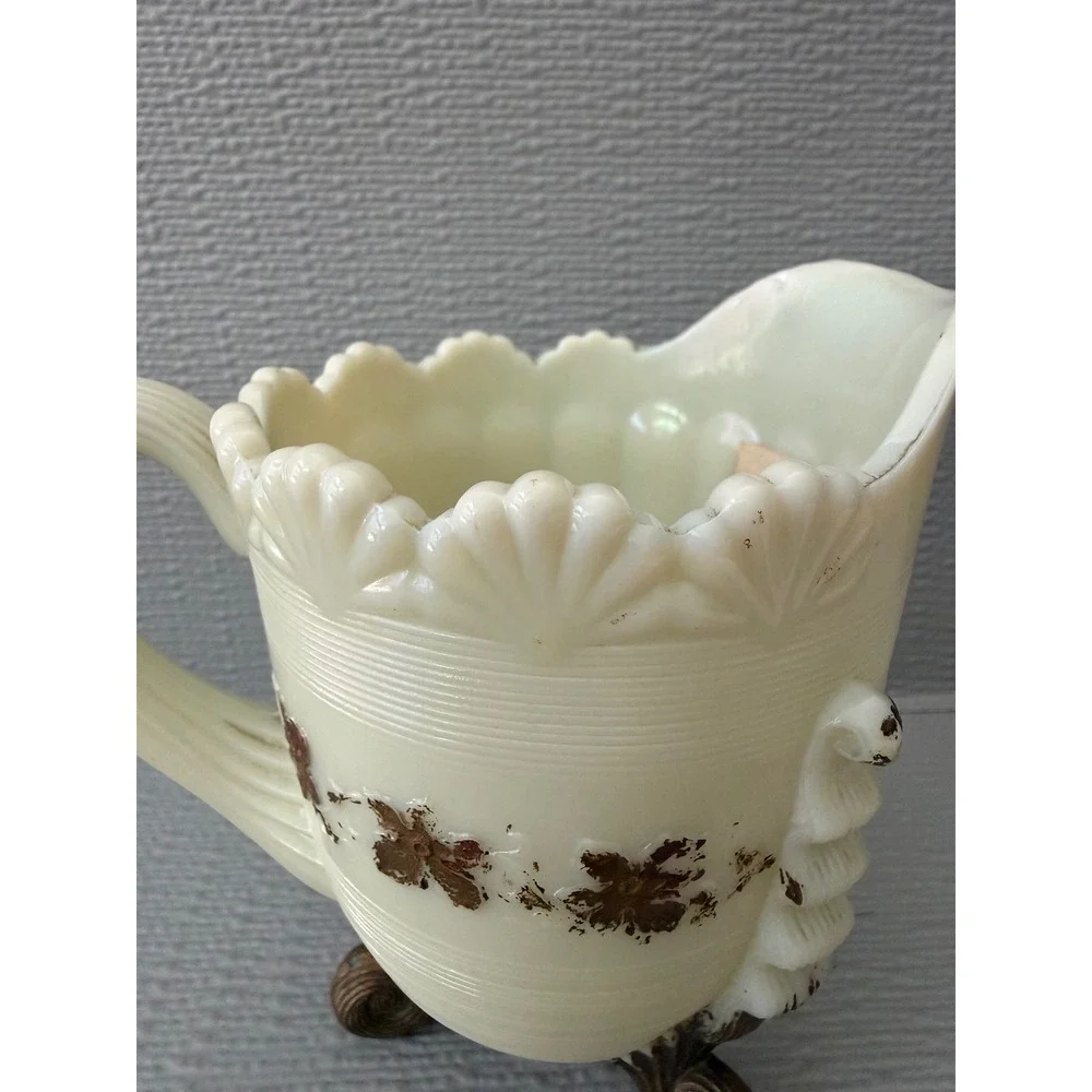 Vintage Custard Uranium Glass Creamer Pitcher Shell Design UV Glow Floral